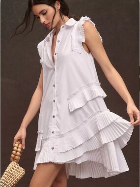 Anthropologie Pleated Sleeveless Button Front Mini Dress in White Size Small P
